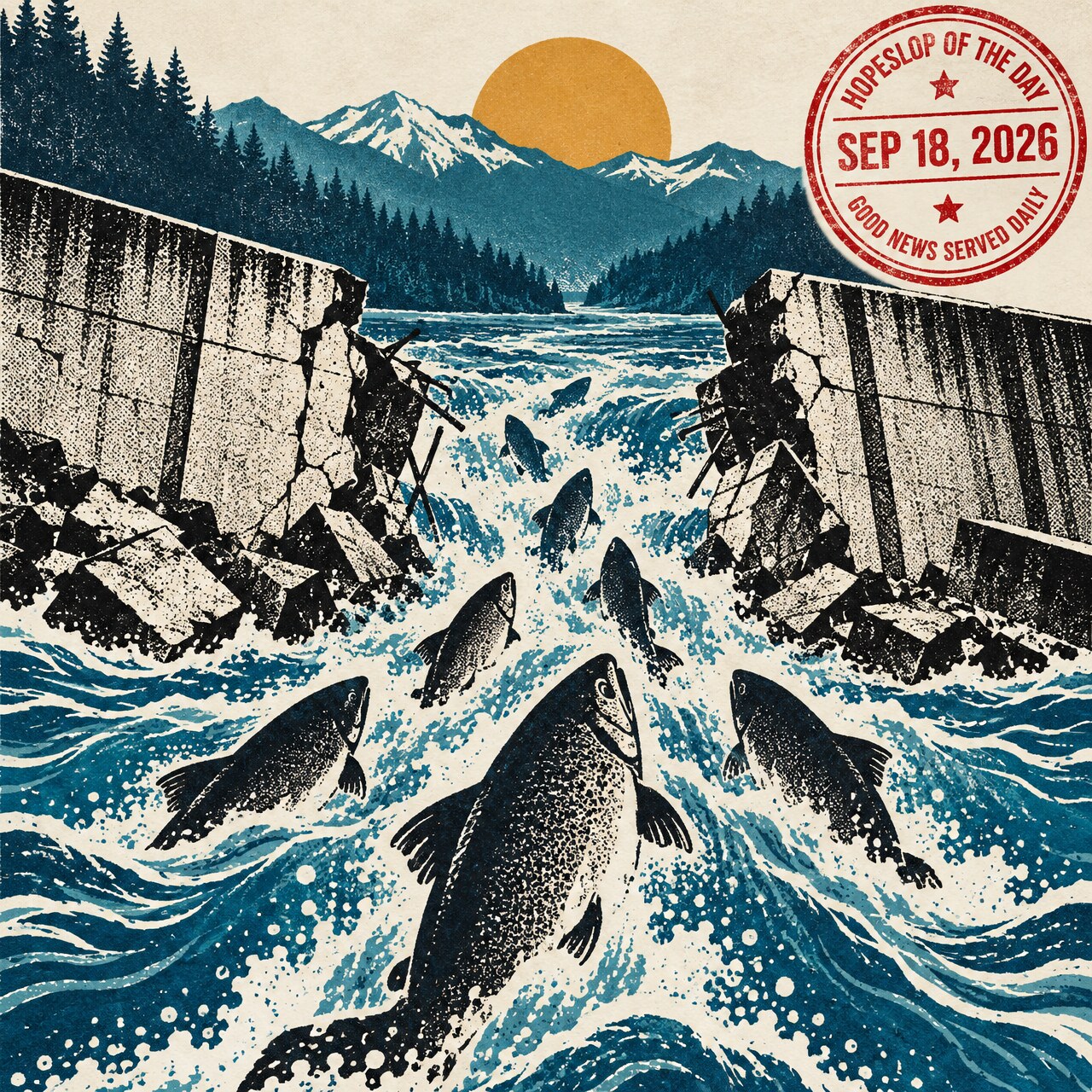 Hopeslop editorial illustration: stylized Chinook salmon silhouettes surging upstream through the gap in a broken, opened dam wall on a screenprinted river.