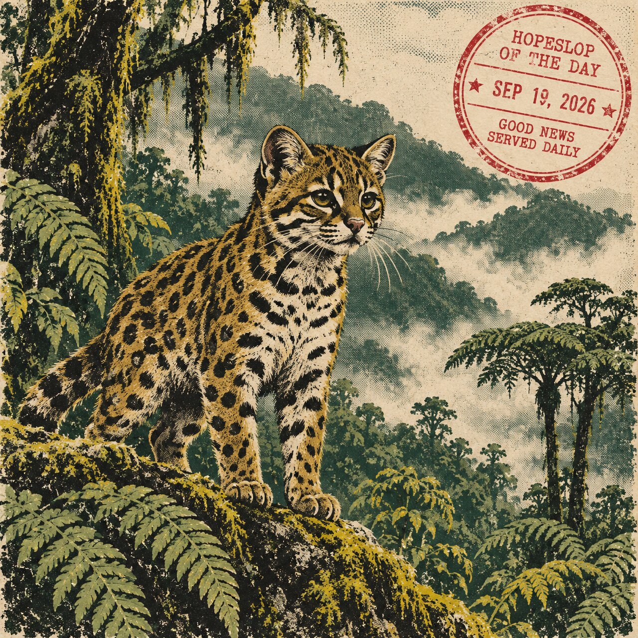 Hopeslop editorial illustration in a vintage screenprint style showing a small spotted wildcat in a Bolivian cloud forest of ferns and mist, with a red dated Hopeslop of the Day stamp.