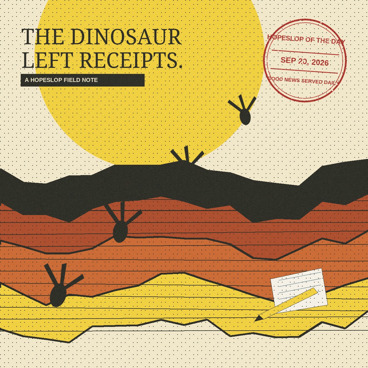 Hopeslop screenprint-style editorial illustration of four enormous three-toed fossil footprints crossing layered North Dakota badlands, with a small field notebook motif and a red September 20 Hopeslop of the Day stamp.