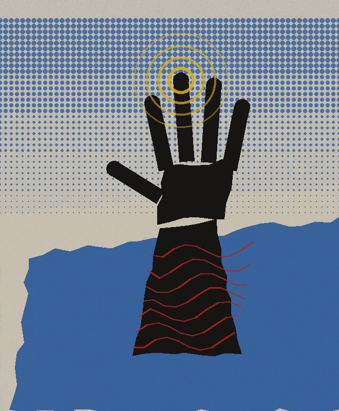 Original Hopeslop cut-paper zine illustration of a layered black paper hand and forearm reaching upward on cream paper, with blue halftone dots, red signal lines running up the arm and a yellow halo at one fingertip, carrying the words THE HAND FELT BACK. and the red Hopeslop of the Day stamp dated SEP 23 2026.