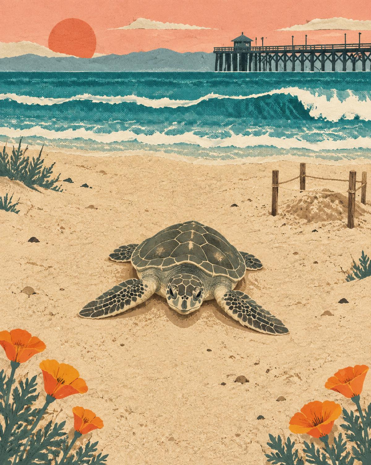 Cut-paper zine illustration: a halftone blue ocean band above tan sand, a flat green paper sea turtle beside her flipper tracks, a small fenced clutch of cream-coloured eggs, and a distressed red HOPESLOP OF THE DAY stamp dated SEP 24 2026.