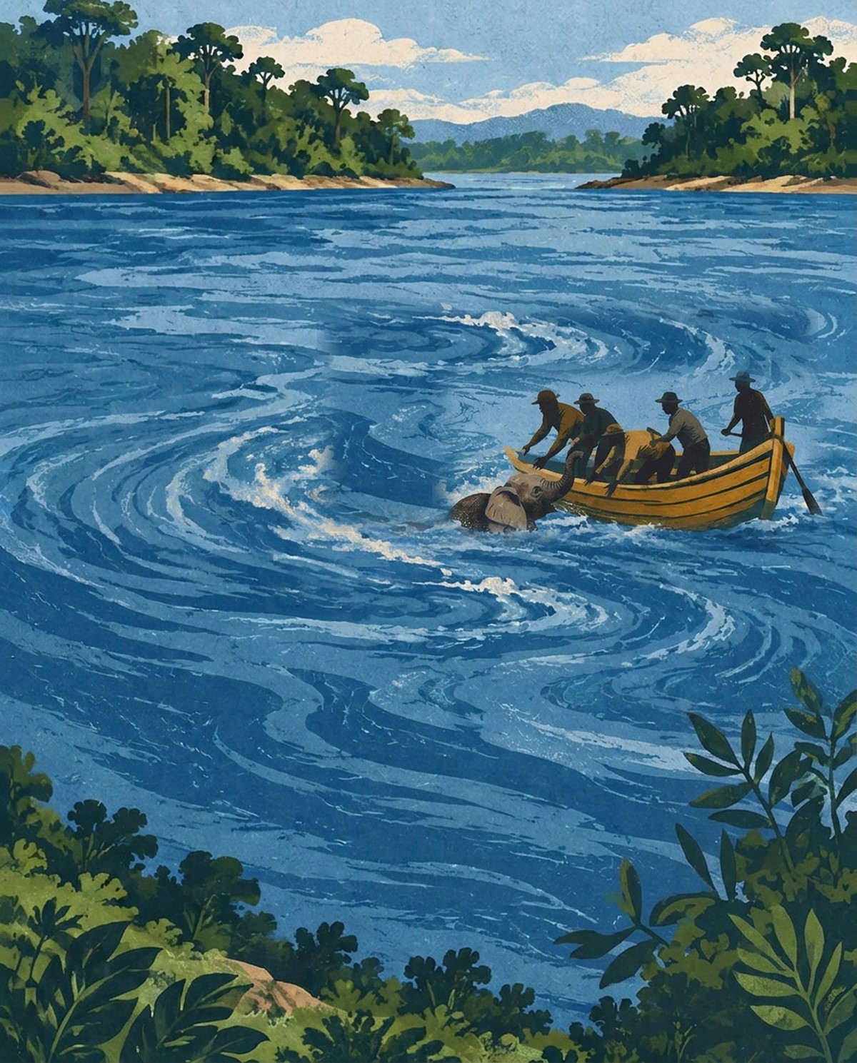 Linocut-style illustration of a baby elephant calf raising its trunk in swirling blue river water as five faceless fishermen in a wooden boat reach toward it, with forested banks behind.