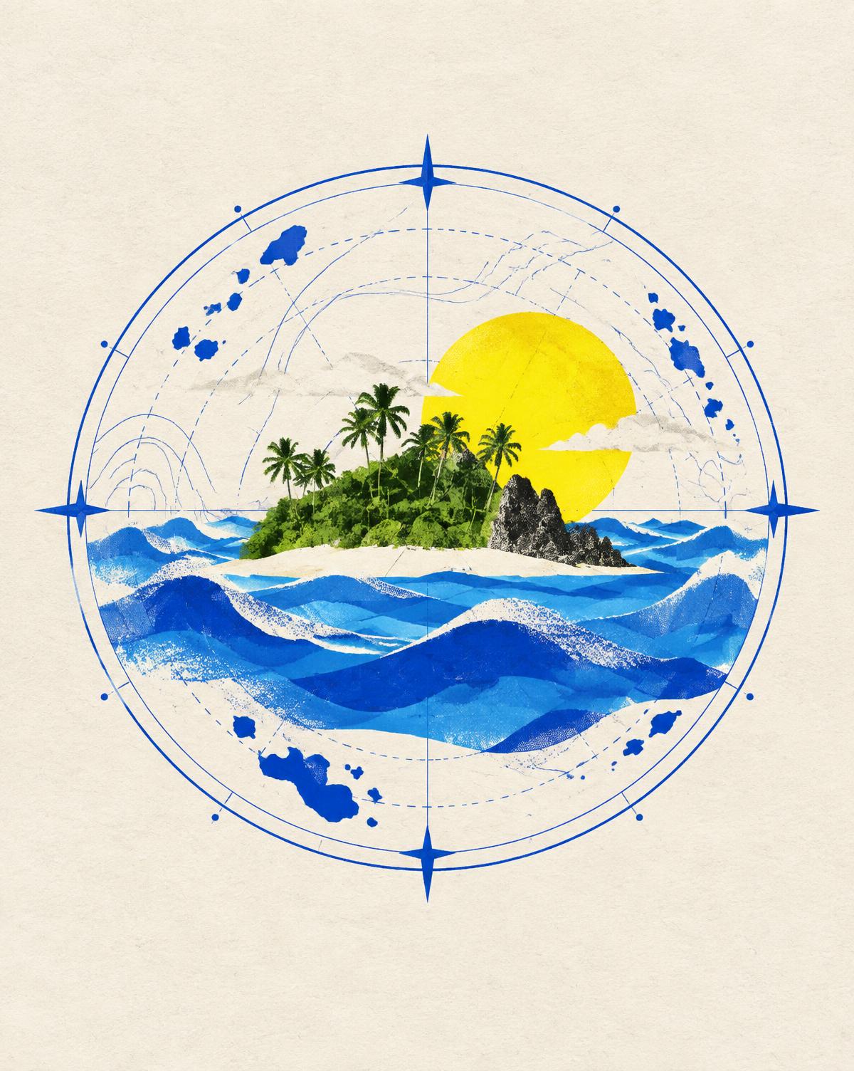 Original cut-paper illustration of a low-lying island inside a fixed cobalt map outline while layered blue waves rise around it.
